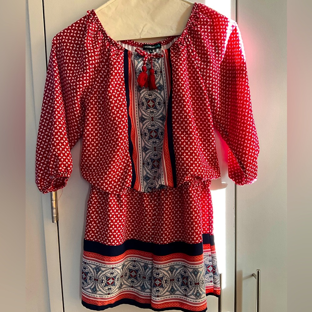 My Michelle Red White Blue Off The Shoulder Boho Romper, Girls L, MSRP $42